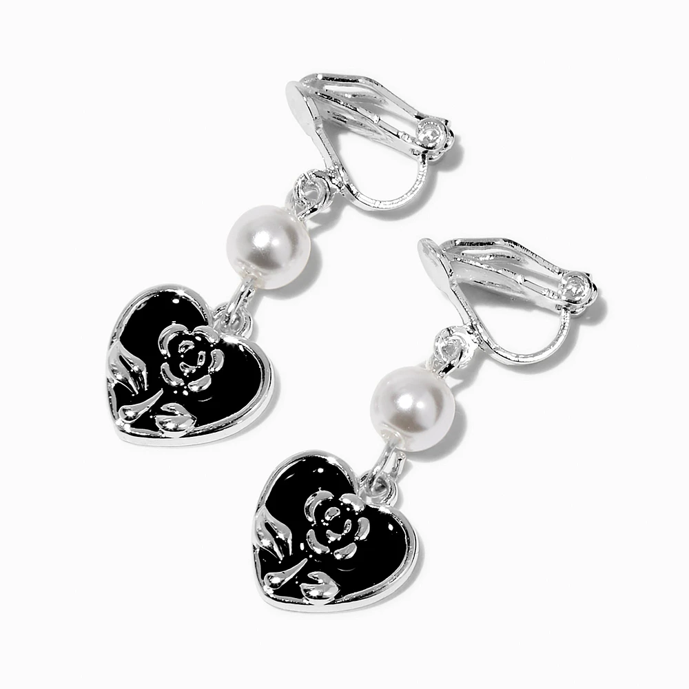 Black Heart & Pearl 1'' Clip-On Drop Earrings