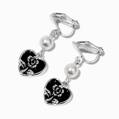 Black Heart & Pearl 1'' Clip-On Drop Earrings