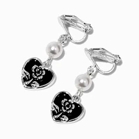 Black Heart & Pearl 1'' Clip-On Drop Earrings