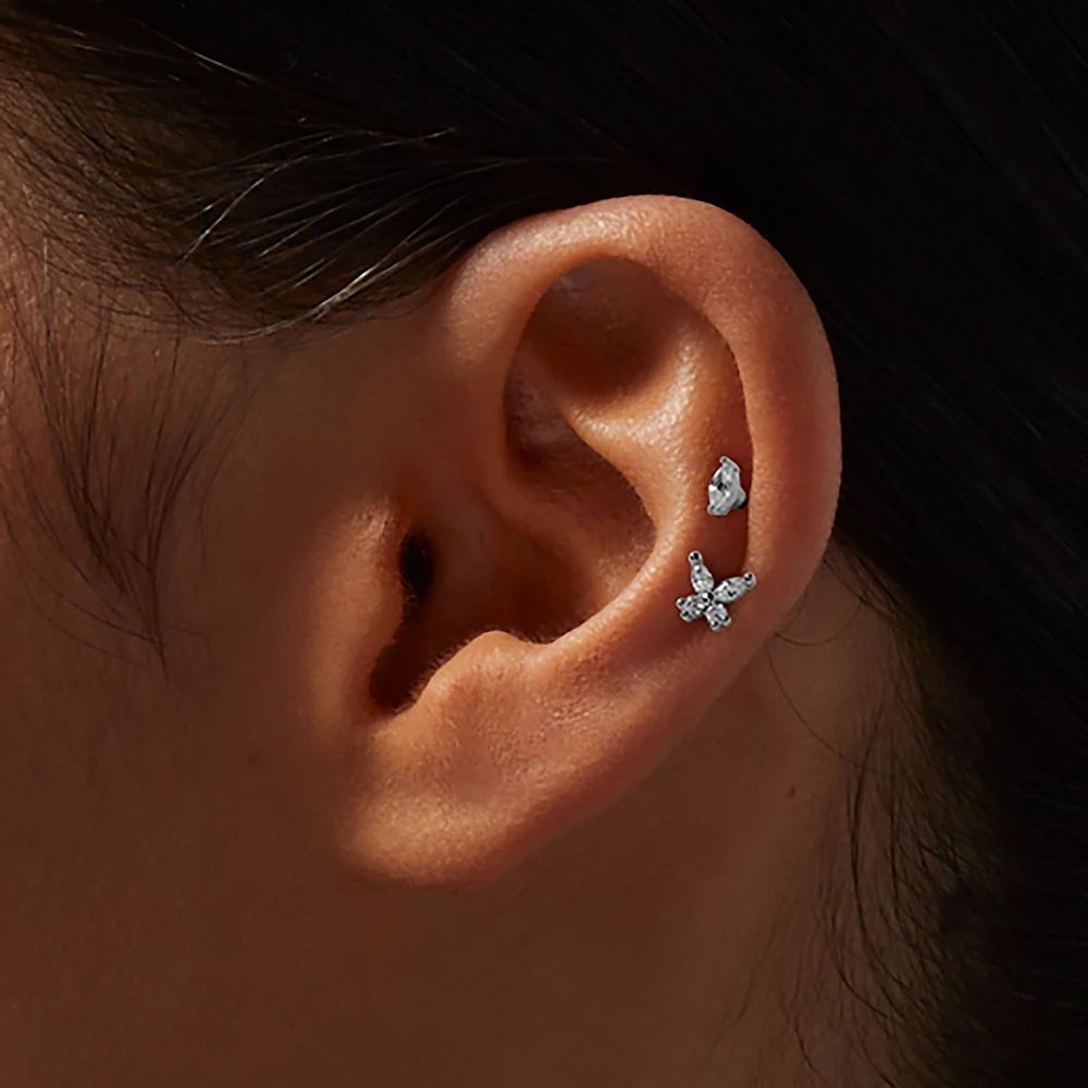 Silver-tone Cubic Zirconia Bow & Stud 18G Stud Threadless Cartilage Earrings - 2 Pack