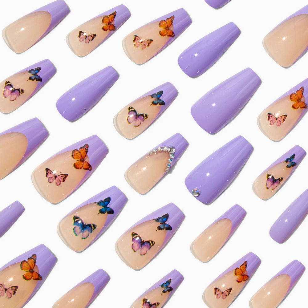 Butterfly French Tip Bling Squareletto Vegan Faux Nail Set