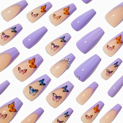 Butterfly French Tip Bling Squareletto Vegan Faux Nail Set