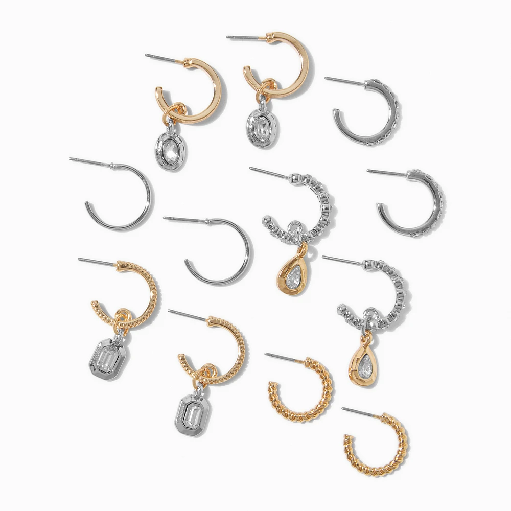 Mixed Metal Crystal Drop Textured Hoop Earrings - 6 Pack