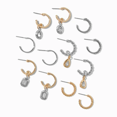 Mixed Metal Crystal Drop Textured Hoop Earrings - 6 Pack