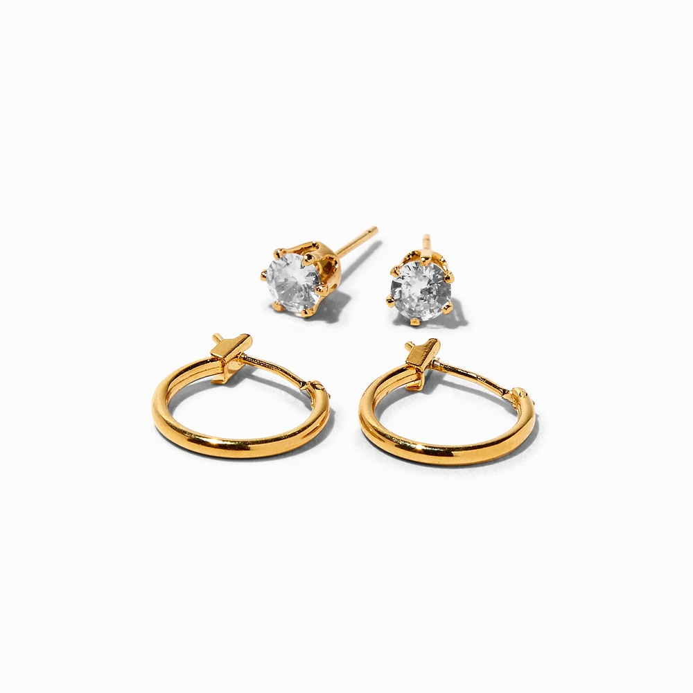 C LUXE by Claire's 18kt Gold Plated Cubic Zirconia 5mm Stud & 14mm Hoop Earrings - 2 Pack