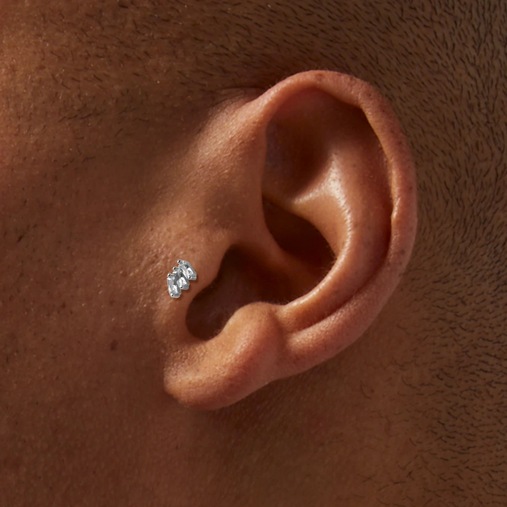 Silver-tone Stainless Steel Cubic Zirconia 18G Bezeled Stud & Hoop Threadless Cartilage Earrings - 3 Pack