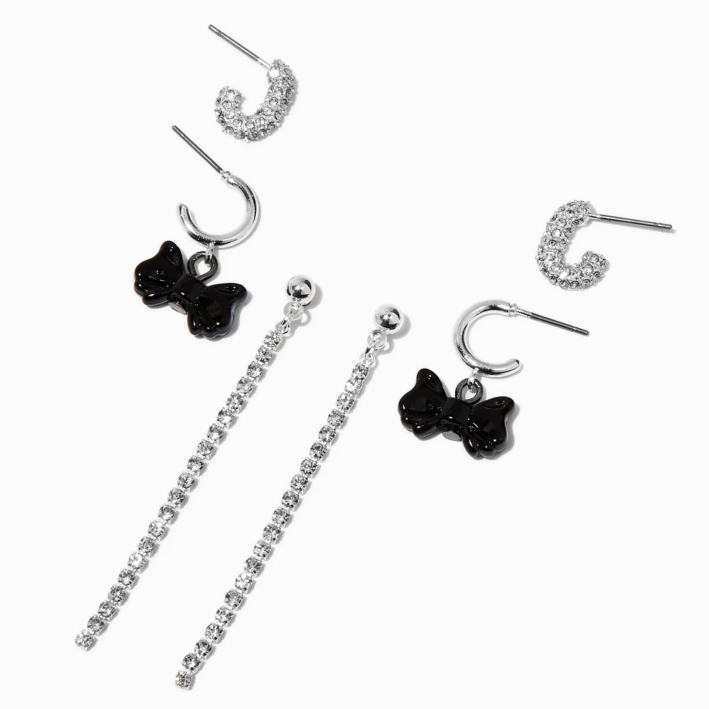 Silver-tone Black Bow Cup Chain Earring Stackables Set - 3 Pack
