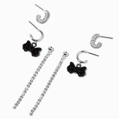 Silver-tone Black Bow Cup Chain Earring Stackables Set - 3 Pack