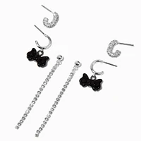 Silver-tone Black Bow Cup Chain Earring Stackables Set - 3 Pack
