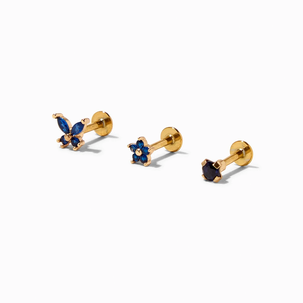 Gold-tone Stainless Steel 16G Blue Butterfly & Flower Cartilage Earrings - 3 Pack