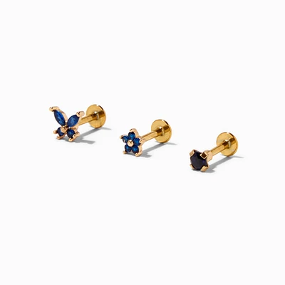 Gold-tone Stainless Steel 16G Blue Butterfly & Flower Cartilage Earrings - 3 Pack