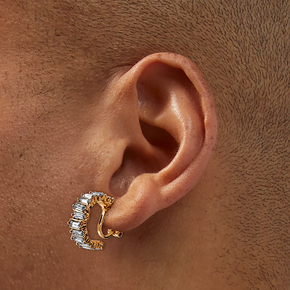 Gold-tone Crystal Tread Hoop Clip-On Earrings - 3 Pack