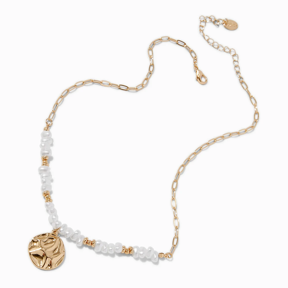 Gold-tone Shell & Pearl Beaded Textured Disc Pendant Necklace