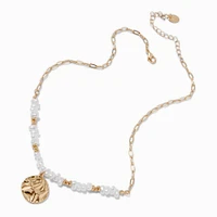 Gold-tone Shell & Pearl Beaded Textured Disc Pendant Necklace