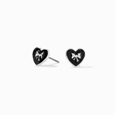 Silver-tone Bow Black Heart Stud Earrings