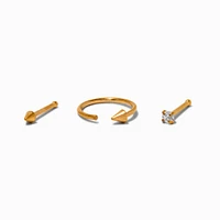 20G Gold-tone Titanium Cubic Zirconia Spike Nose Studs & Hoop - 3 Pack
