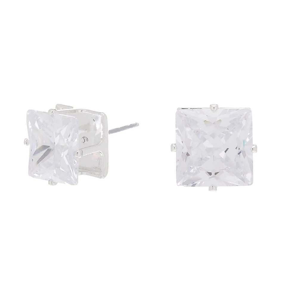 Silver-tone Cubic Zirconia 10mm Square Stud Earrings