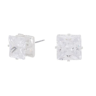 Silver-tone Cubic Zirconia 10mm Square Stud Earrings