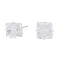 Silver-tone Cubic Zirconia 10mm Square Stud Earrings