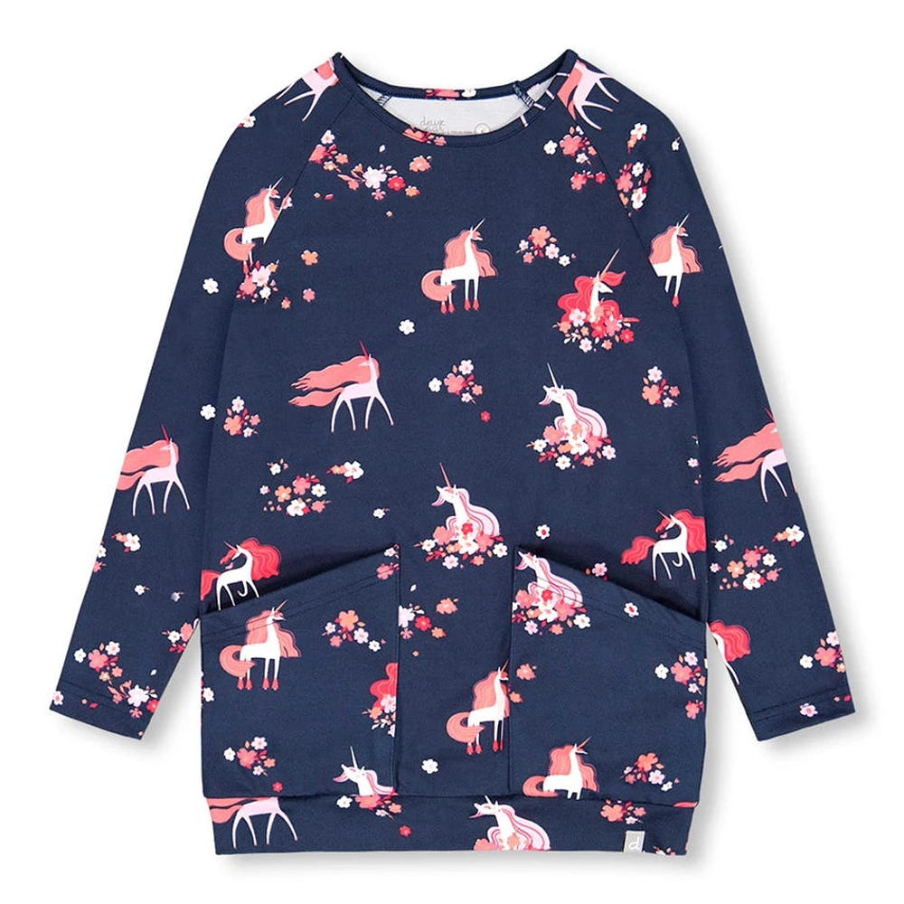 Robe Manches Longues Poche Imprimé Licorne 7-10ans