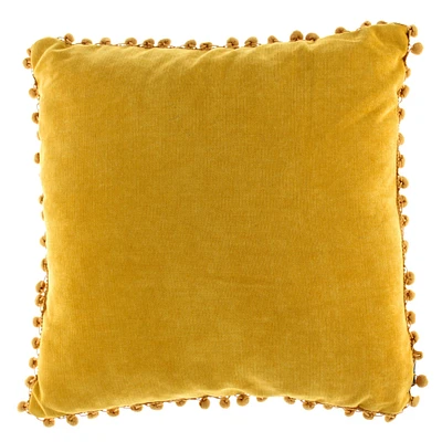 Coussin Velours avec Pompons - Jaune Moutarde