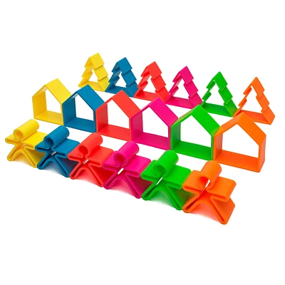 6 Enfants + 6 Maisons + 6 Arbres Jouets Empilables en Silicone - Neon