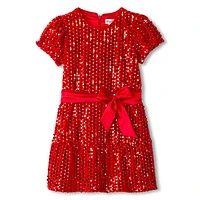 Red Sequins Velvet Dress 3-8y