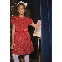 Red Sequins Velvet Dress 3-8y