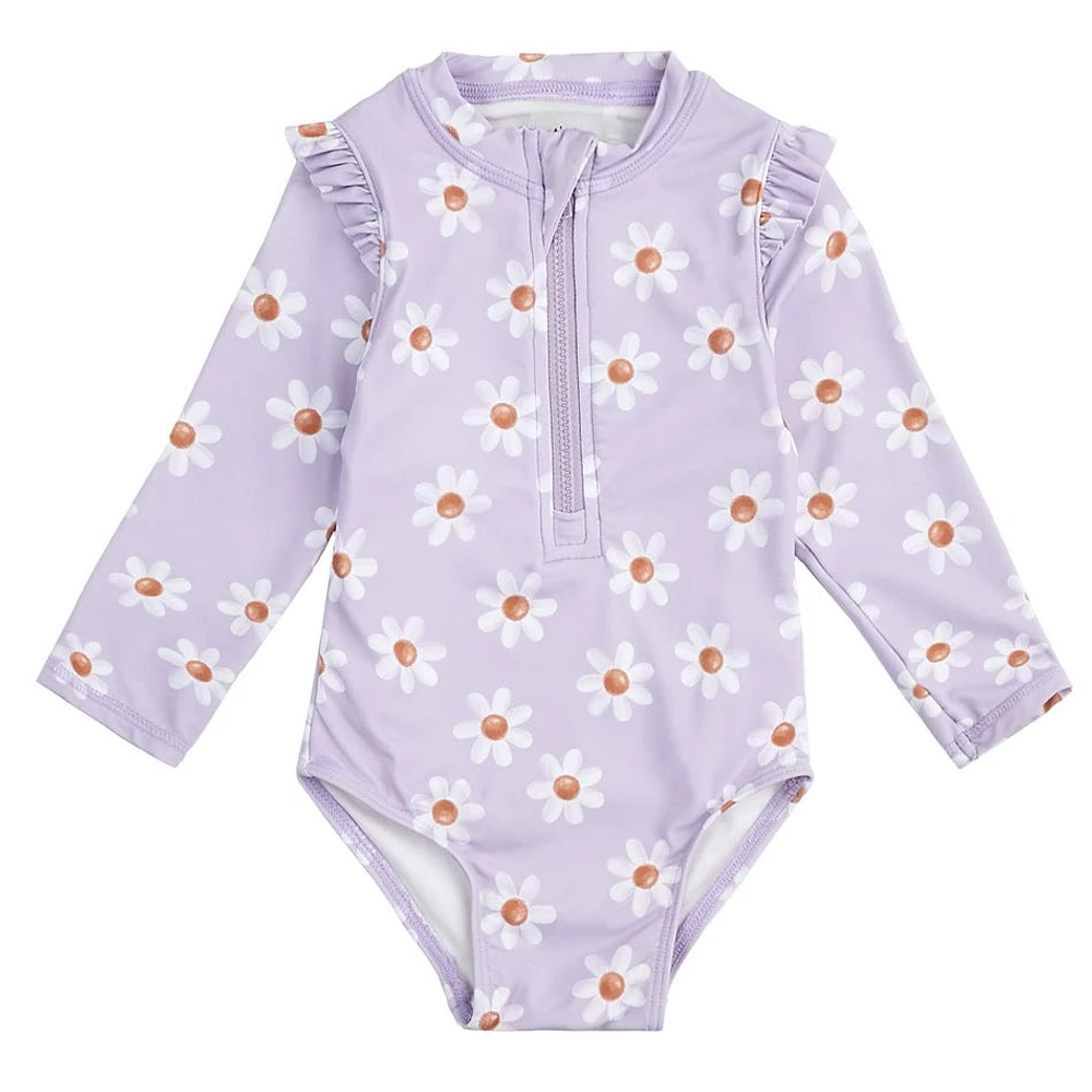 Daisy Print Long Sleeves UV Swimsuit 2-6X