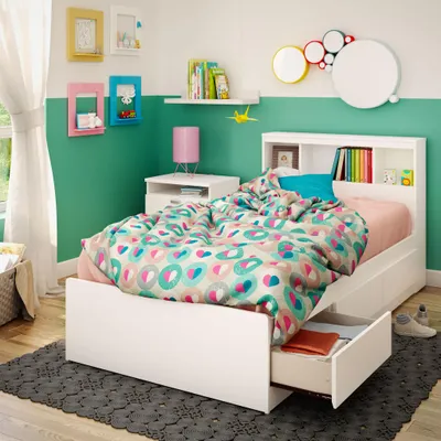 Twin Mates Bed With Bookcase Headboard Set - Reevo Pure White