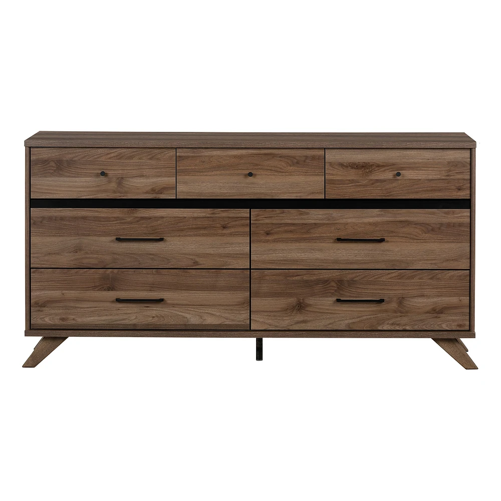 7-Drawer Double Dresser - Flam Natural Walnut and Matte Black