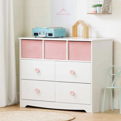 Bureau 4 Tiroirs avec Paniers de Rangement - Blanc / Rose