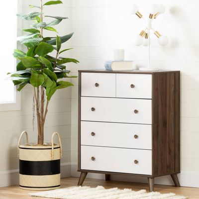 Yodi 5-Drawer Chest Storage Unit - Natural Walnut and Pure White