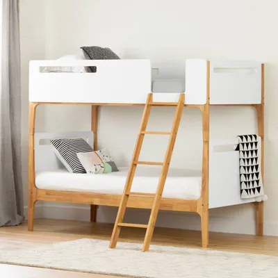 Bebble Modern Twin Bunk Beds - Pure White and Exotic Light Wood