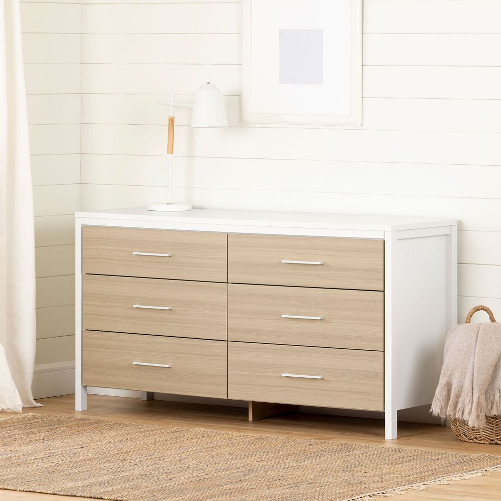 6-Drawer Double Dresser - Munich White and Soft Elm