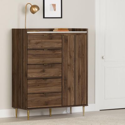 Door Chest with 5 Drawers - Hype Natural Walnut and Carrara Marble