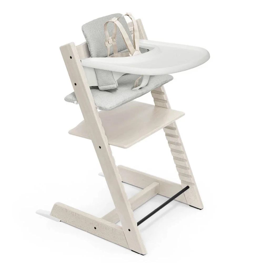 Tripp Trapp® High Chair V2 Whitewash, Nordic Grey Cushion and Stokke® Tray