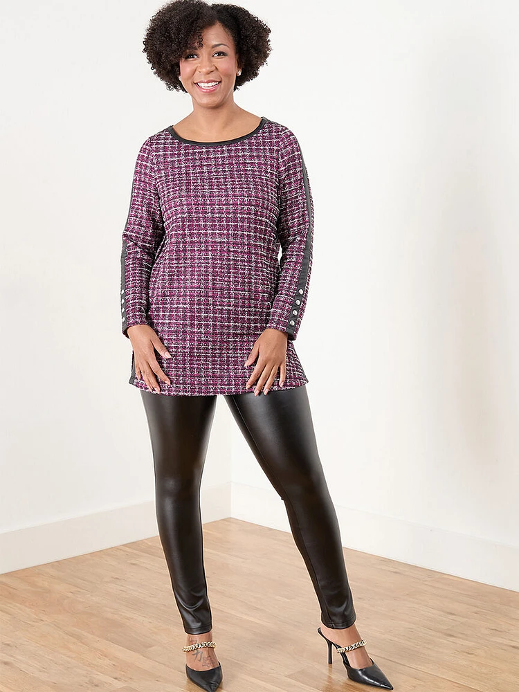 Petite Jacquard Stretch Tunic with Pleather Trim