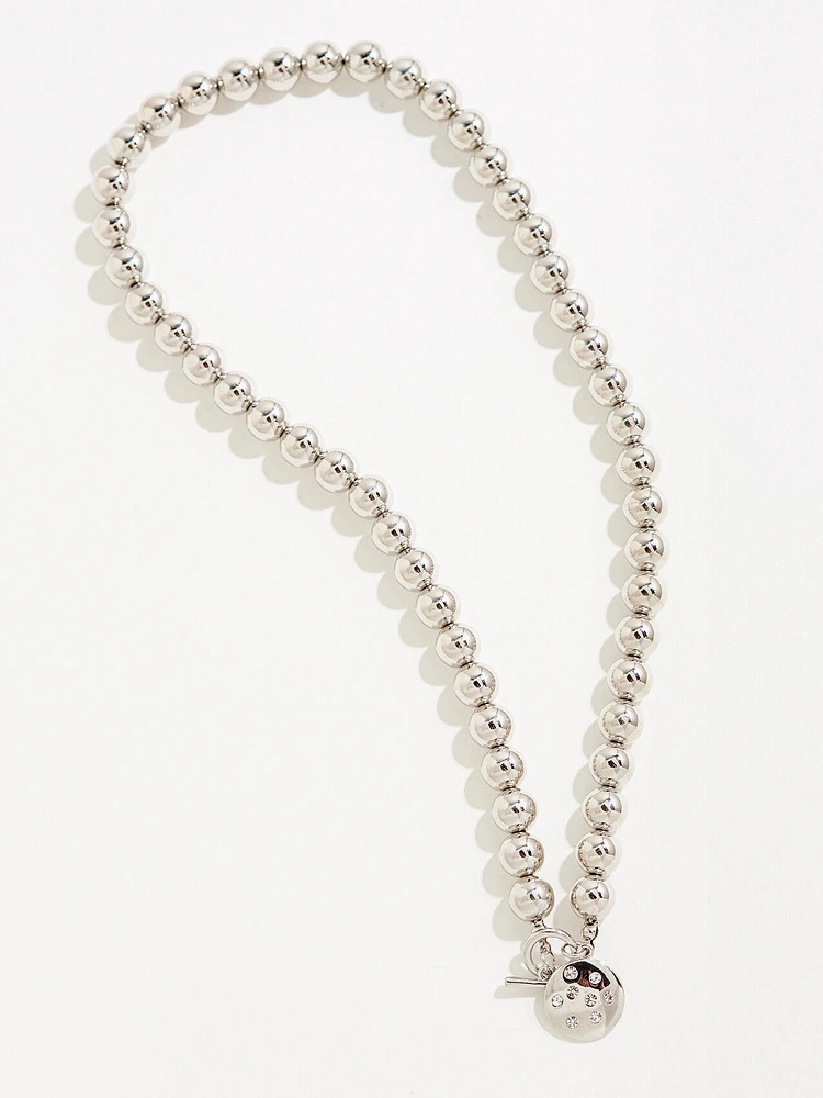 Silver Bead Necklace with Rhinestone Pendant