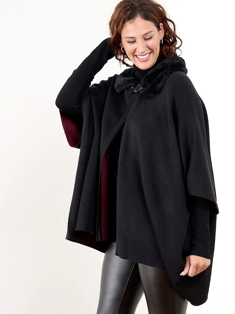 Open Poncho Sweater with Removable Fur Trim