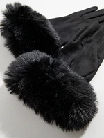 Faux Fur Trim Black Gloves