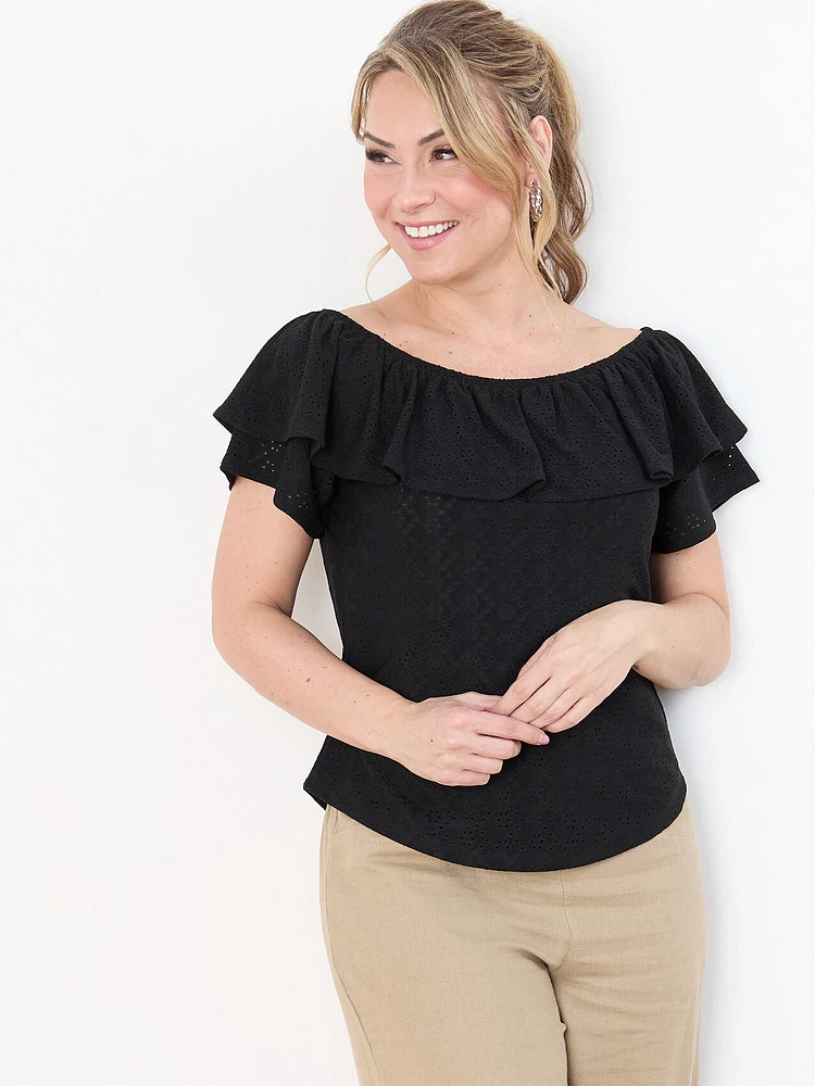 Petite Ruffle Eyelet On/Off Shoulder Top