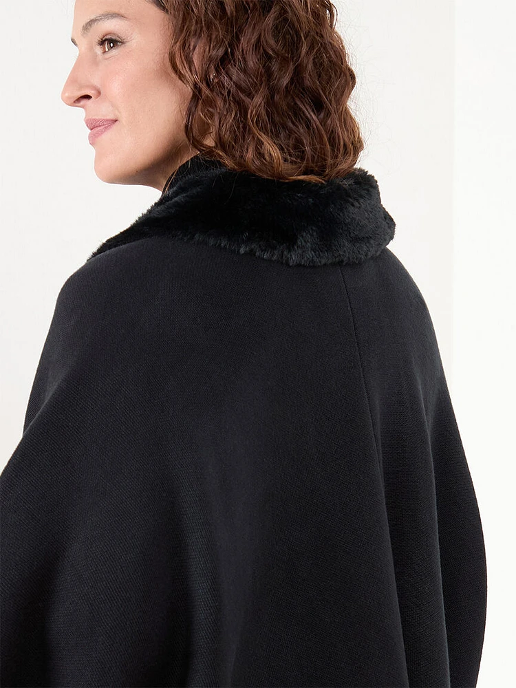 Open Poncho Sweater with Removable Fur Trim