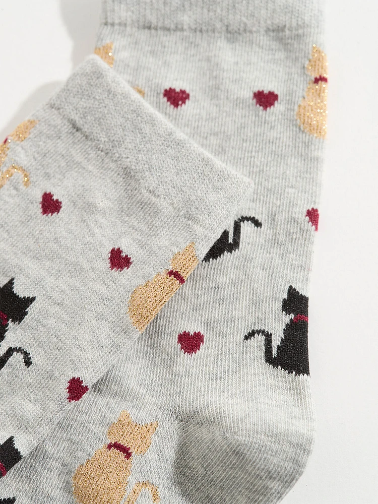 Cat and Heart Print Crew Sock