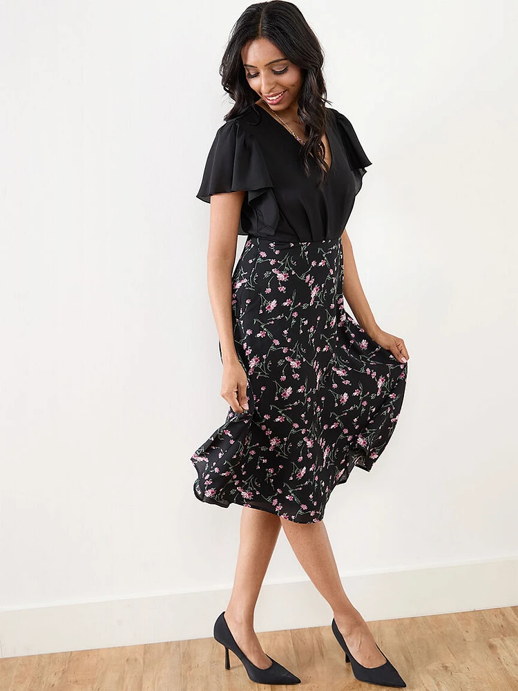 Petite Flutter Sleeve Floral Midi Dress