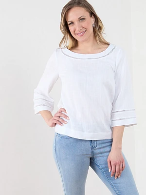 3/4 Sleeve Linen Blend Top with Crochet Inset