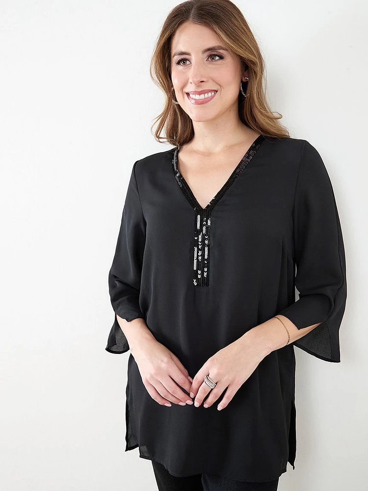 3/4 Sleeve Sequin Trim Tunic Blouse