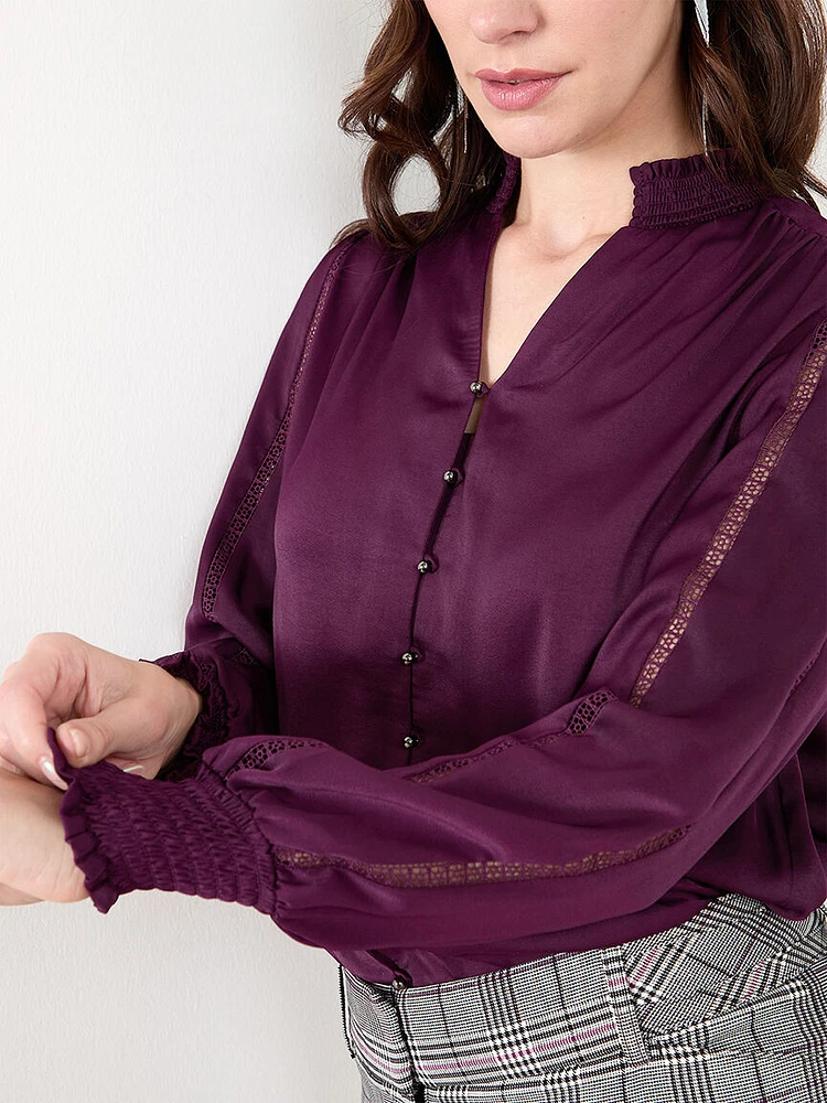 Silky Blouse with Crochet Lace Trim