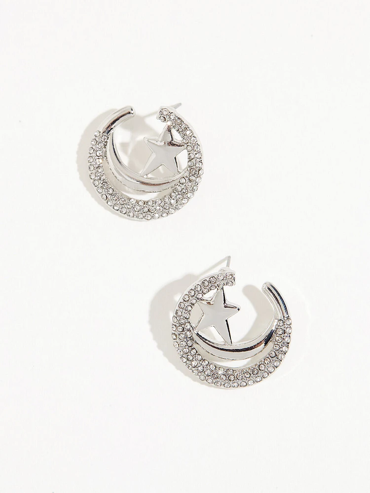 Silver Star and Moon Hoop Earrings