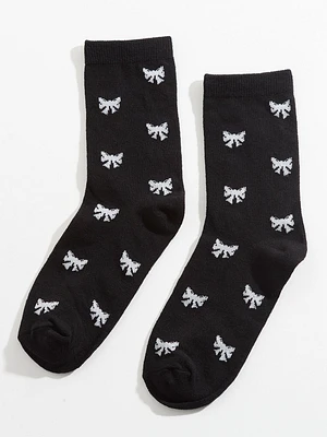 Bow Pattern Black Crew Socks